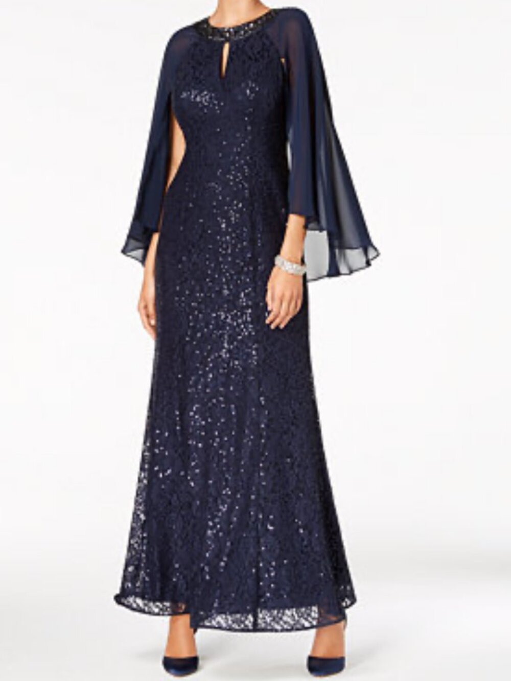 SLNY Fashions Sequined Cape Gown in Navy